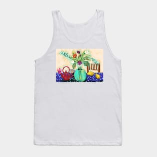 Green Flower Vase On Blue Polka Dot Table Cloth Tank Top